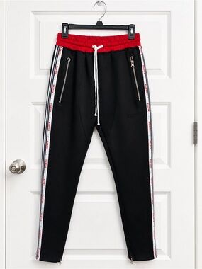 Karter Collection Track Pants Mens Medium Black Red Side Stripe Zipper Ankle Jog